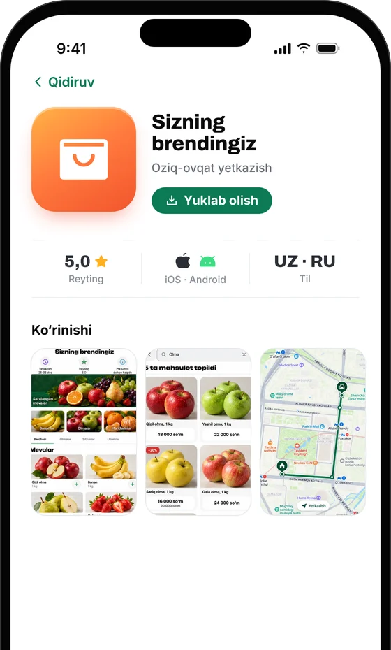 Ilovalar do‘konidagi “Sizning brendingiz” ilovasi sahifasi: “Yuklab olish” tugmasi, iOS va Android