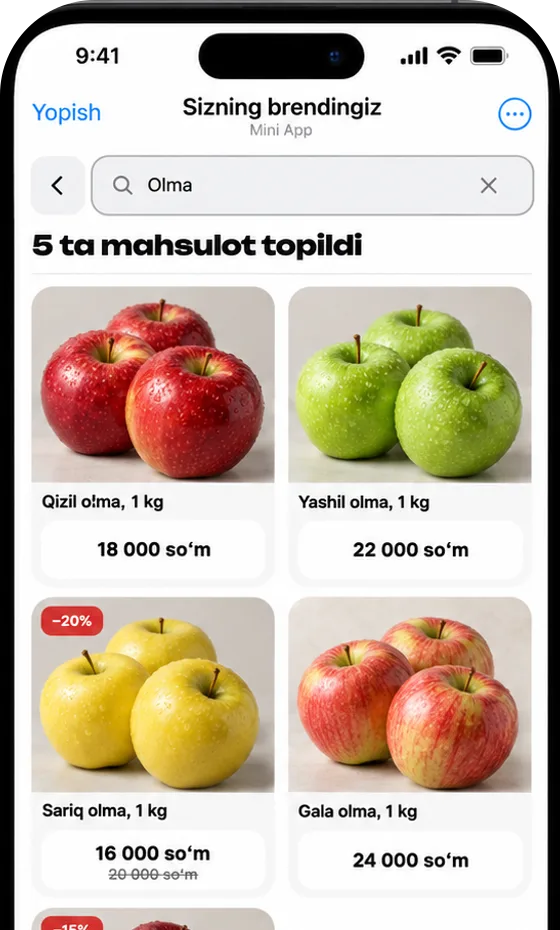 Telegram Mini App: “Olma” bo‘yicha qidiruv natijalari va narxlar